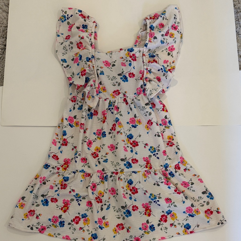 GAP Girls White Floral Ruffle Dress with Pink, Blue & Yellow Blooms